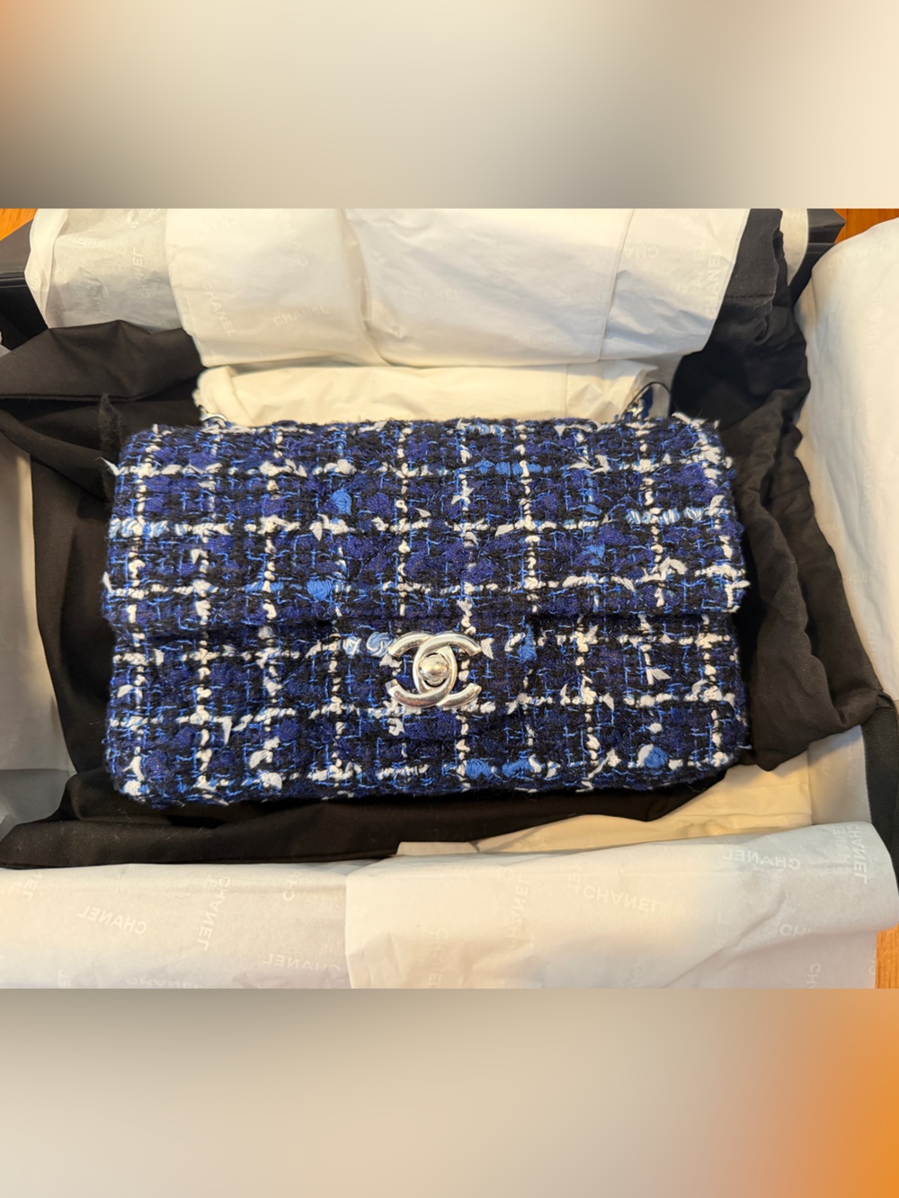 Brand new full set CHANEL Blue Tweed mini Classic Flap